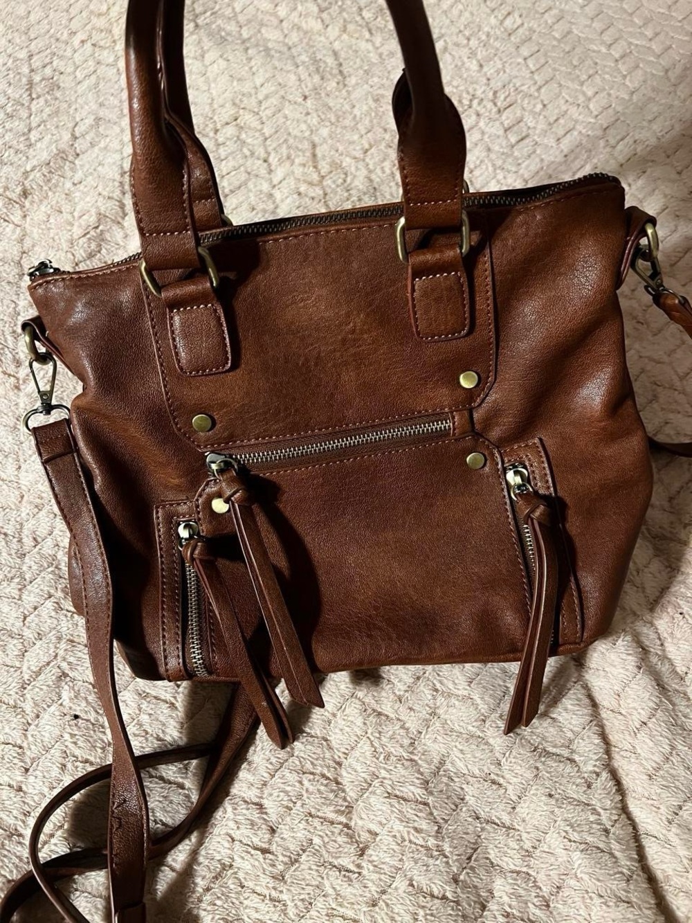 Born Brown Faux Leather Shoulder Tote with Multiple Zipper Pockets